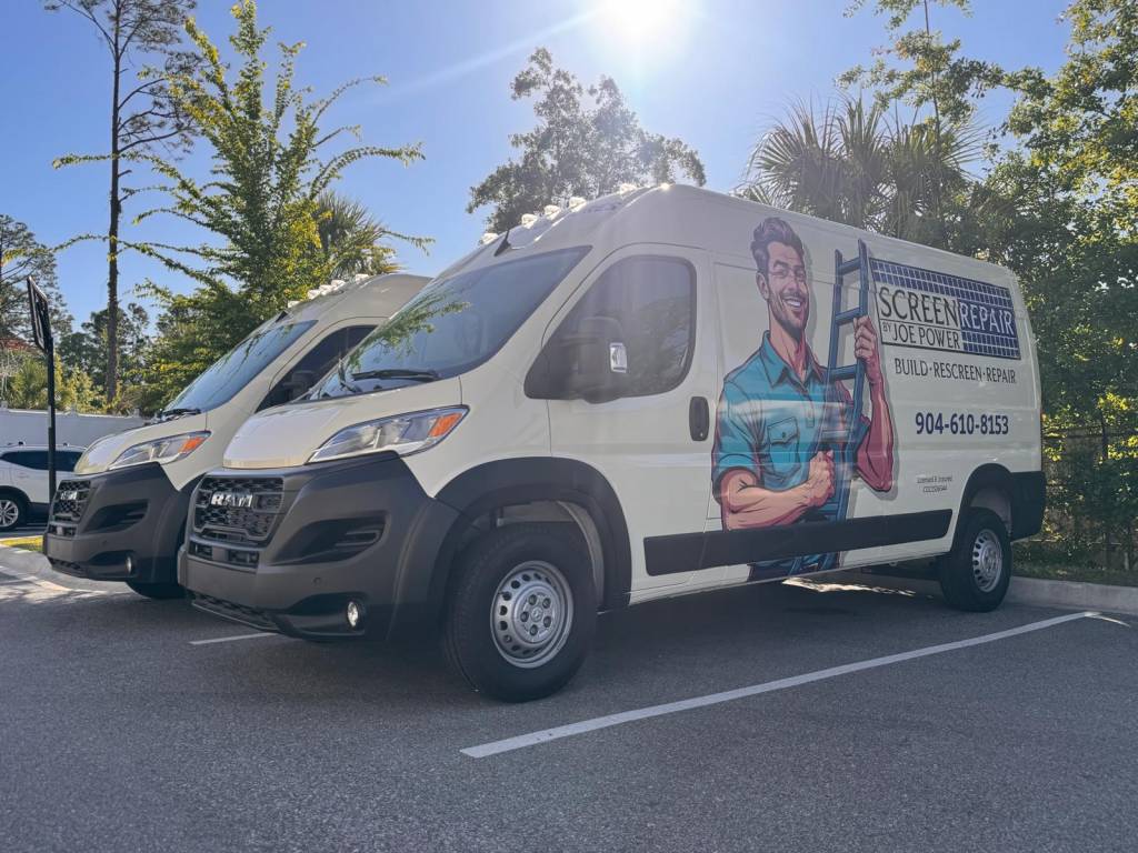 Screen Repair by Joe Power cargo van full wrap — service business fleet branding by Design It Wraps